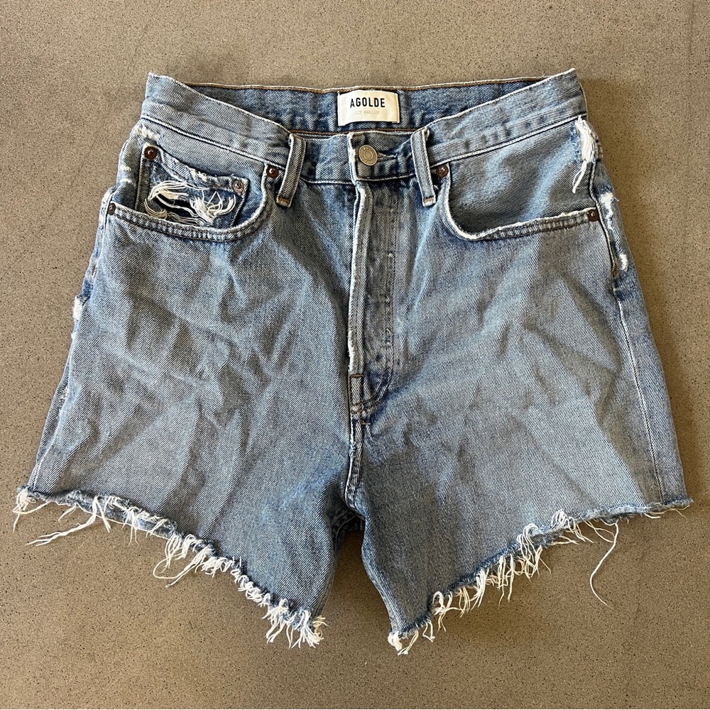 Agolde Blue Jean Shorts High-Waisted Frayed Hem